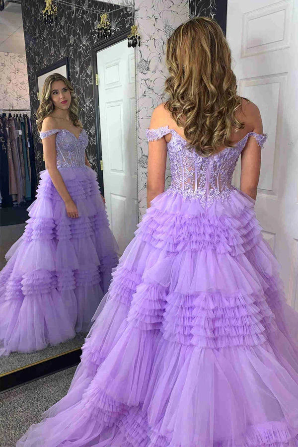 Vestido de fiesta largo con volantes, hombros descubiertos y tul en línea A