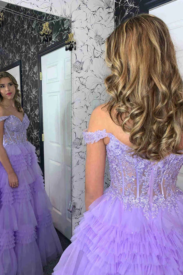 Vestido de fiesta largo con volantes, hombros descubiertos y tul en línea A
