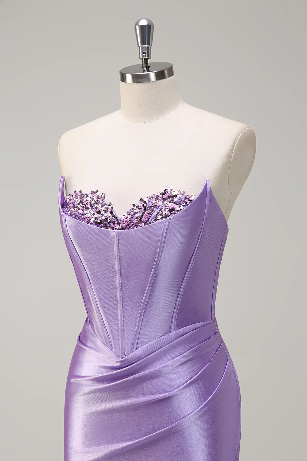 Lavender Satin Strapless Beaded Corset Mermaid Prom Dress with Slit and Train