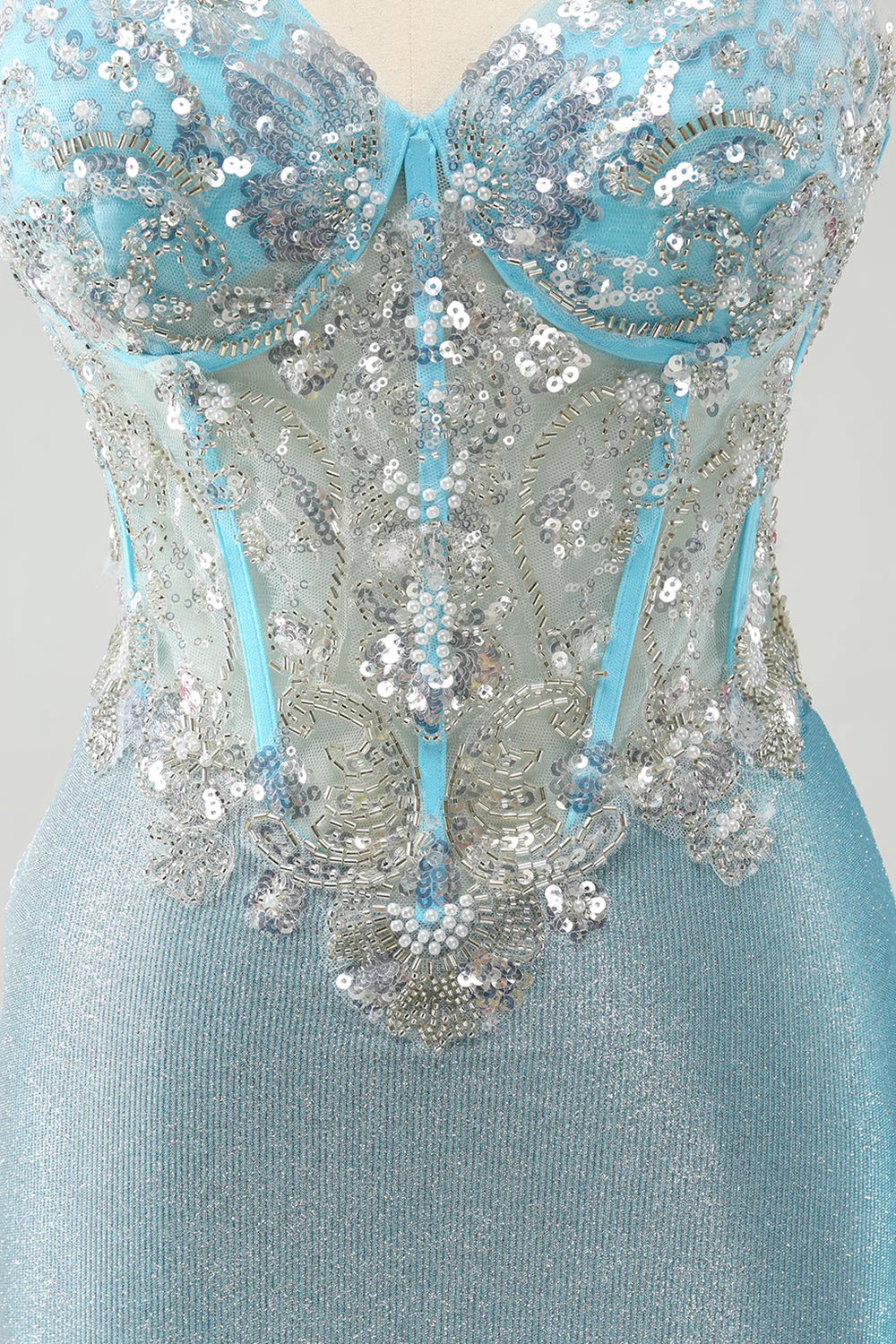 Light Blue Corset Homecoming Dress with Spaghetti Straps, Beaded Lace Bodice and Glitter Mini Skirt