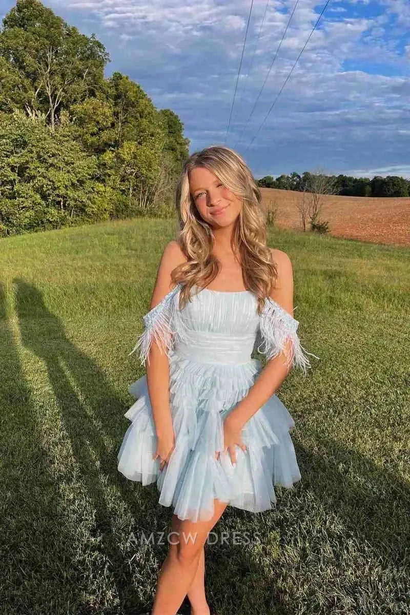 Light Blue Off The Shoulder Bandeau Neck Feather Trim Short Sleeve Pleated Ruched Waist Cinched Multi Tiered Ruffle Glitter Tulle Open Back A Line Mini Homecoming Dress