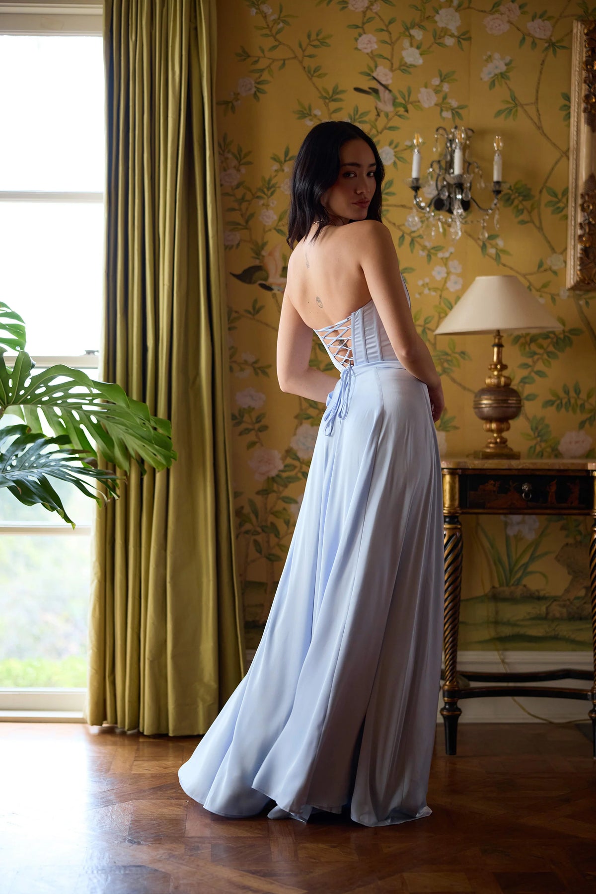 Light Blue Satin Strapless Corset Lace-Up Back Wrap Slit Maxi Evening Dress