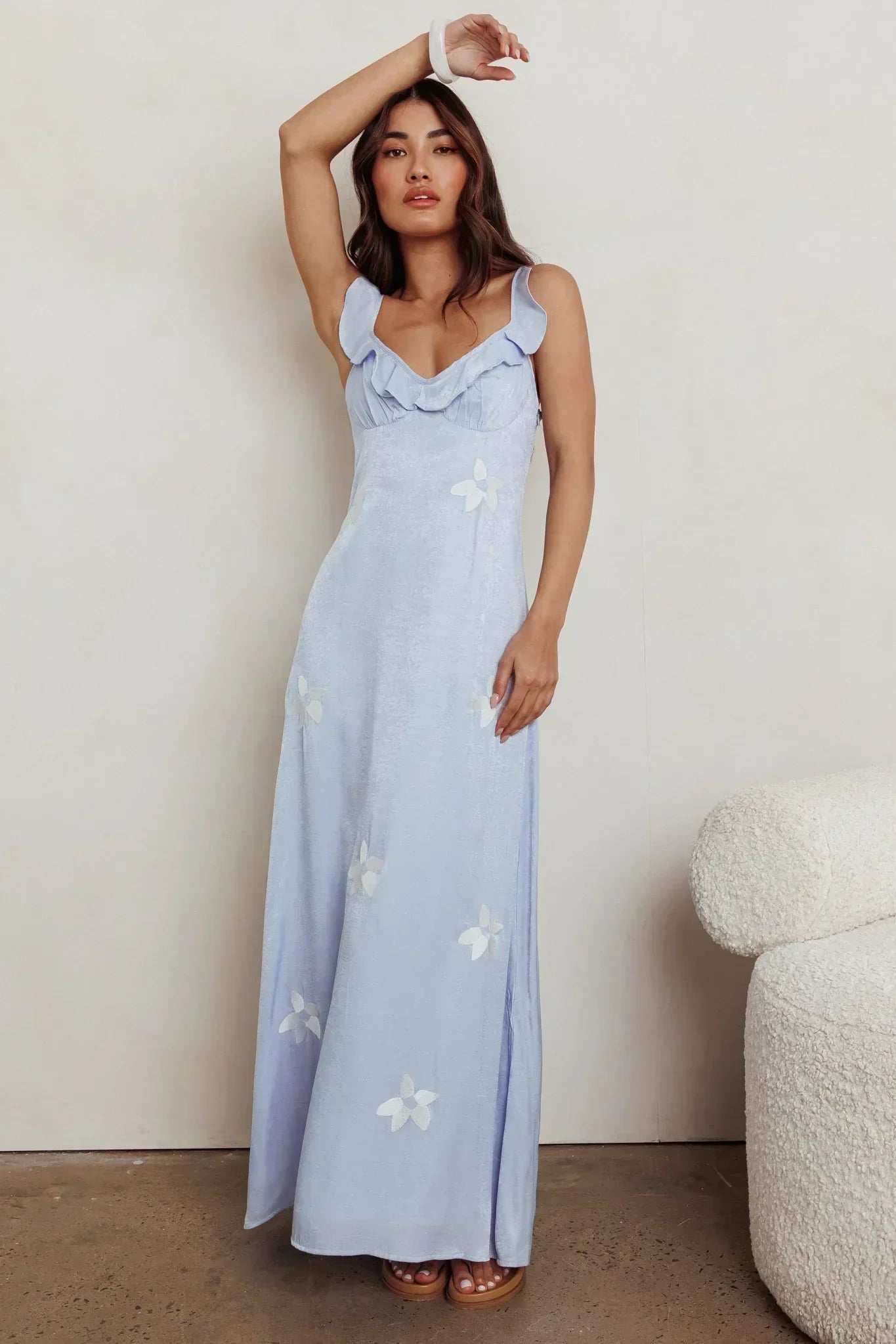Light Blue Spaghetti Strap Ruffle Trim Floral Appliqué Maxi Formal Evening Prom Dress