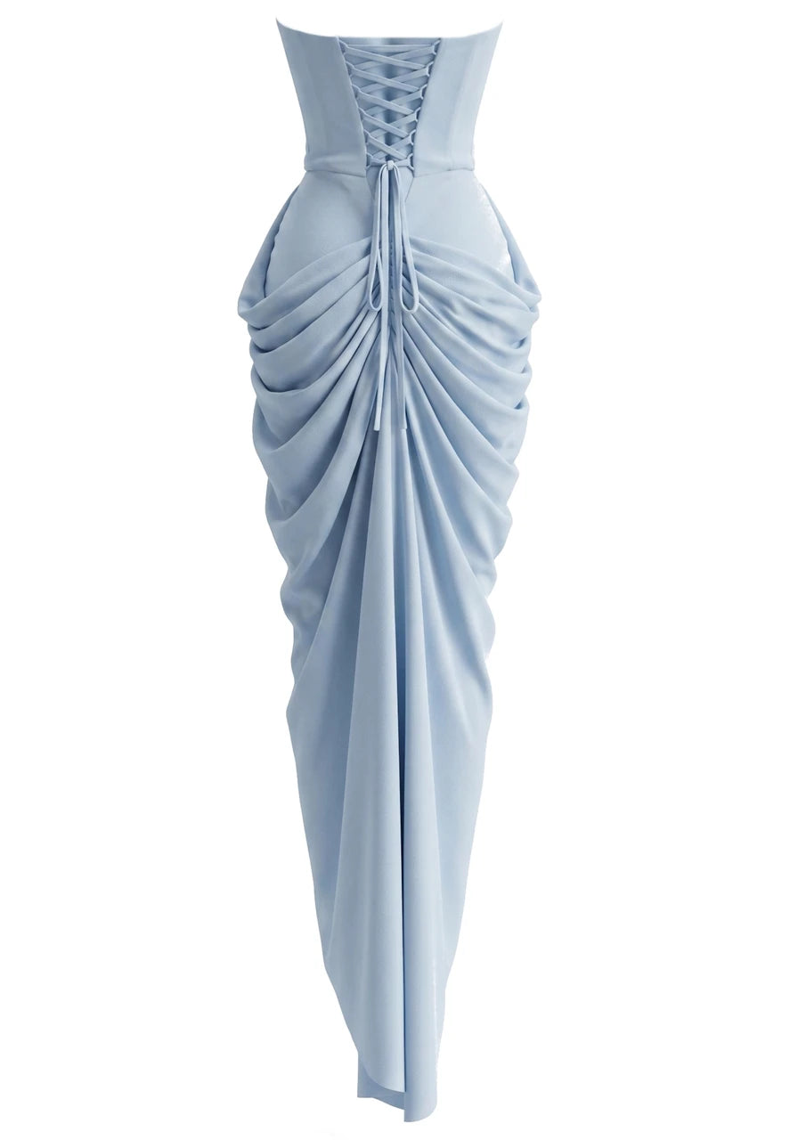 Light Blue Strapless Corset Lace Up Ruched Slit Mermaid Long Formal Evening Prom Dress