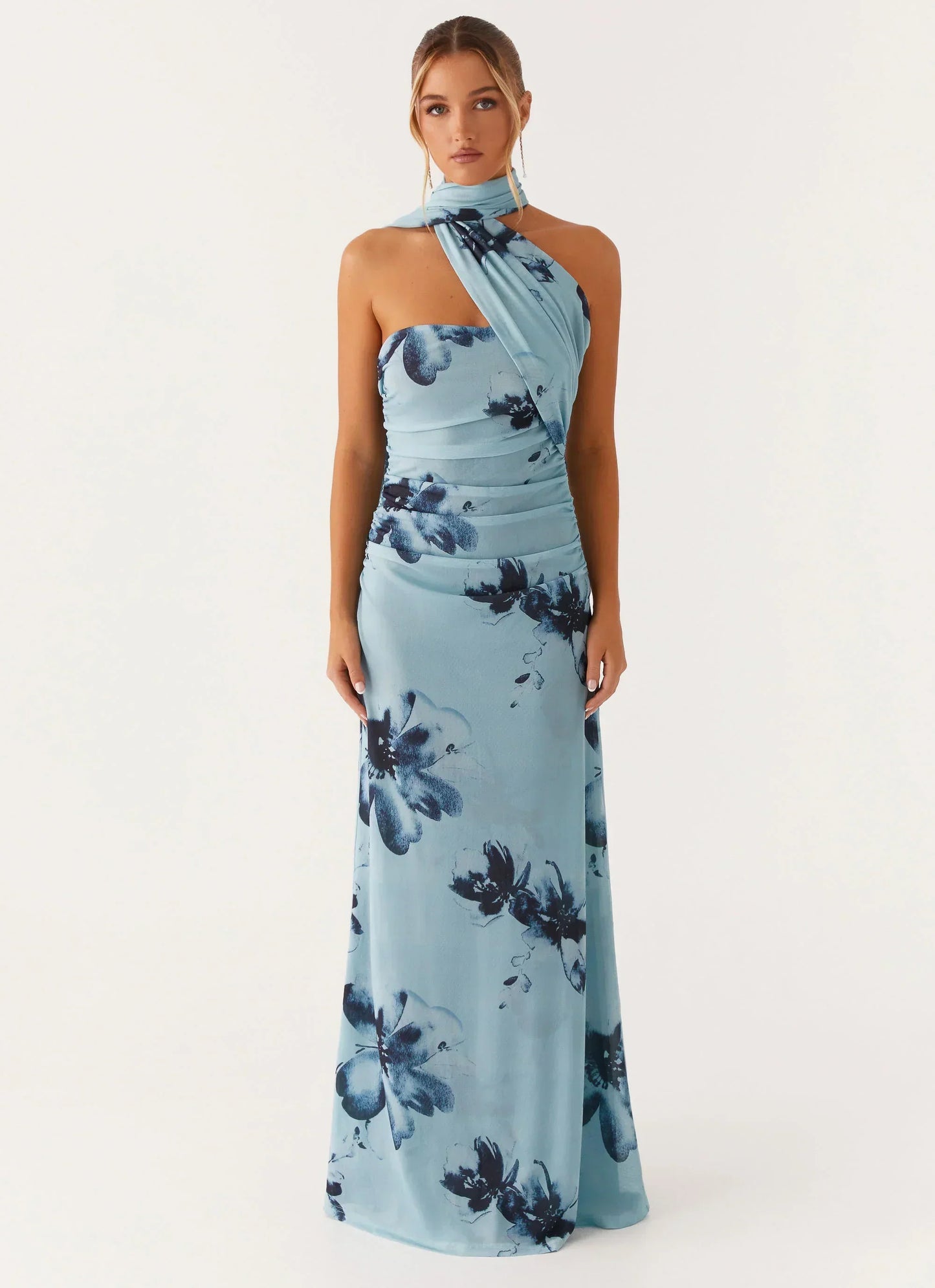 Light Blue Strapless Floral Print Choker Scarf Ruched Maxi Formal Evening Prom Dress