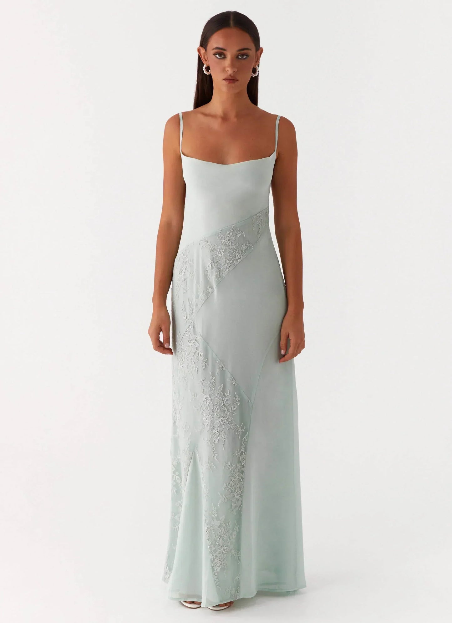 Light Green Spaghetti Strap Floral Lace Patchwork Tie-Back Chiffon Maxi Formal Evening Prom Dress