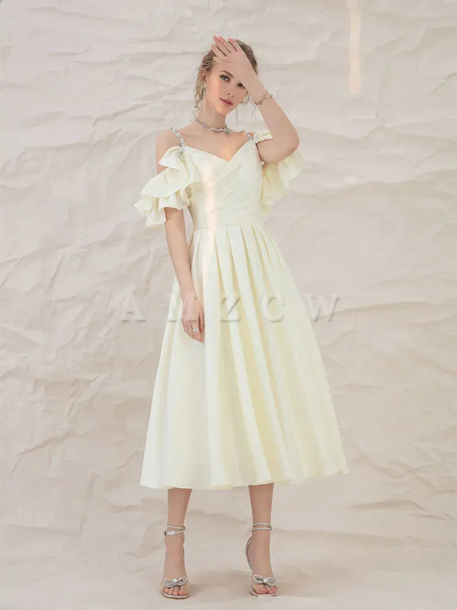 Amzcw Light yellow satin short prom dress yellow bridesmaid dress prom dresses shops