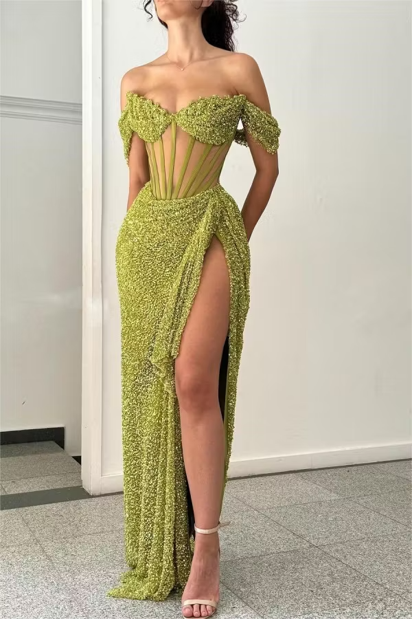 Lime Green Off The Shoulder Sequin Corset High Slit Mermaid Long Formal Evening Prom Dress