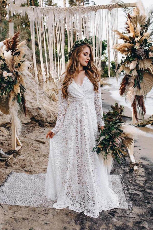 Long Sleeve Rustic Wedding Dresses Lace Appliqued Beach Wedding Dress Amzcw Dress Long Sleeve Rustic Wedding Dresses Lace Appliqued Beach Wedding Dress Amzcw Dress