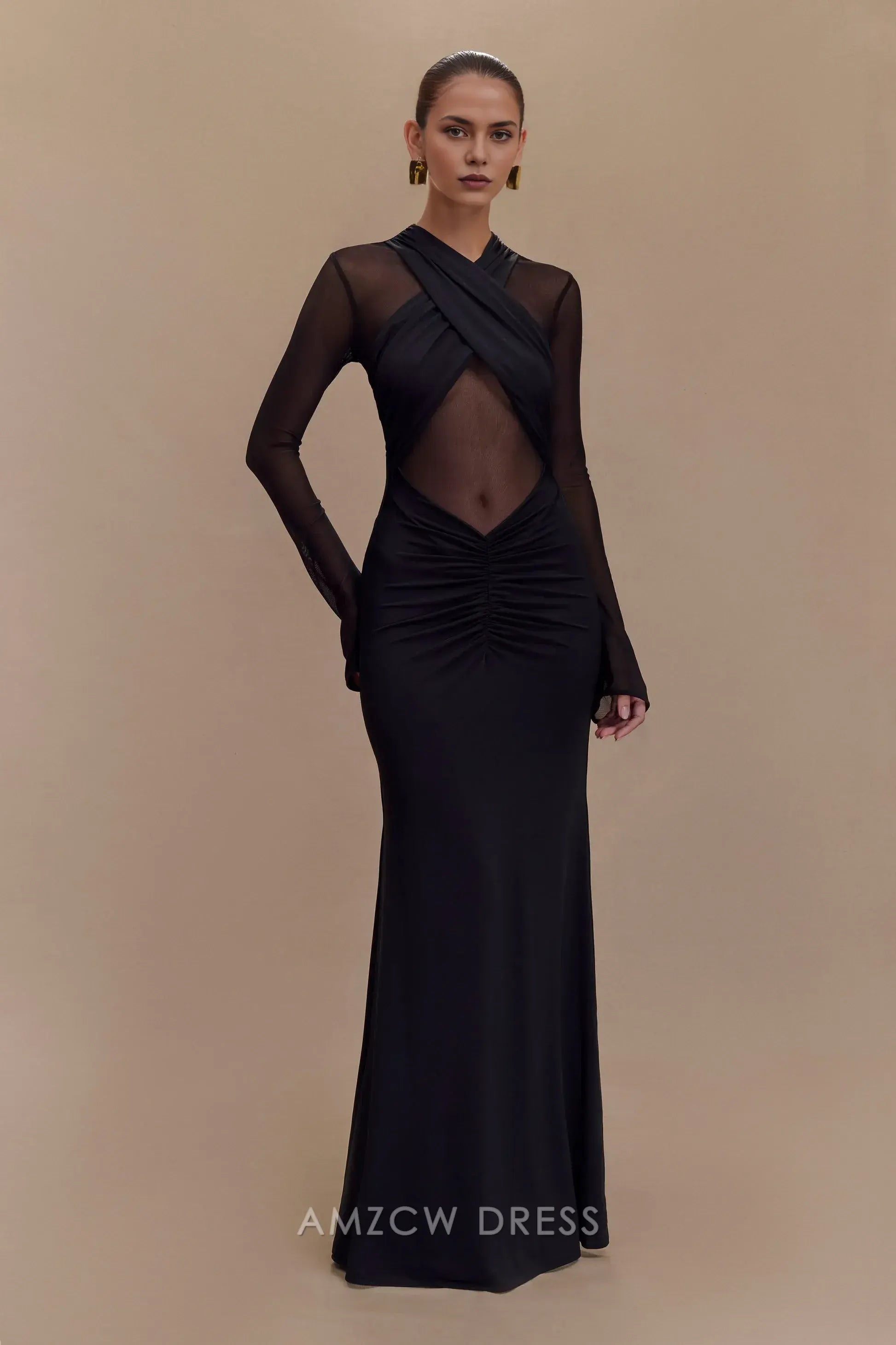 Long Sleeve Sheer Panel Maxi Prom Dress | Formal Occasion Gown (Multi