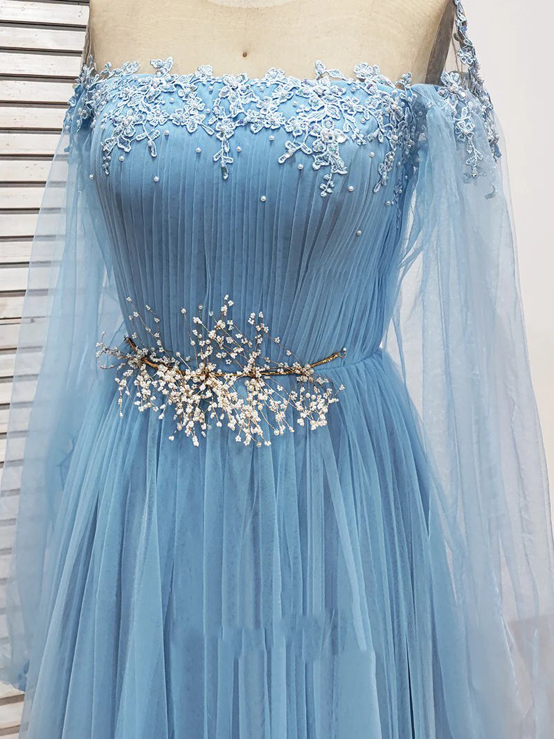 Vestidos de fiesta de tul de manga larga con abertura alta y cuentas de cristal. Vestidos de noche de moda.
