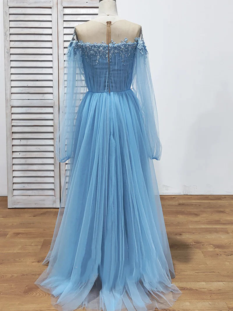 Vestidos de fiesta de tul de manga larga con abertura alta y cuentas de cristal. Vestidos de noche de moda.