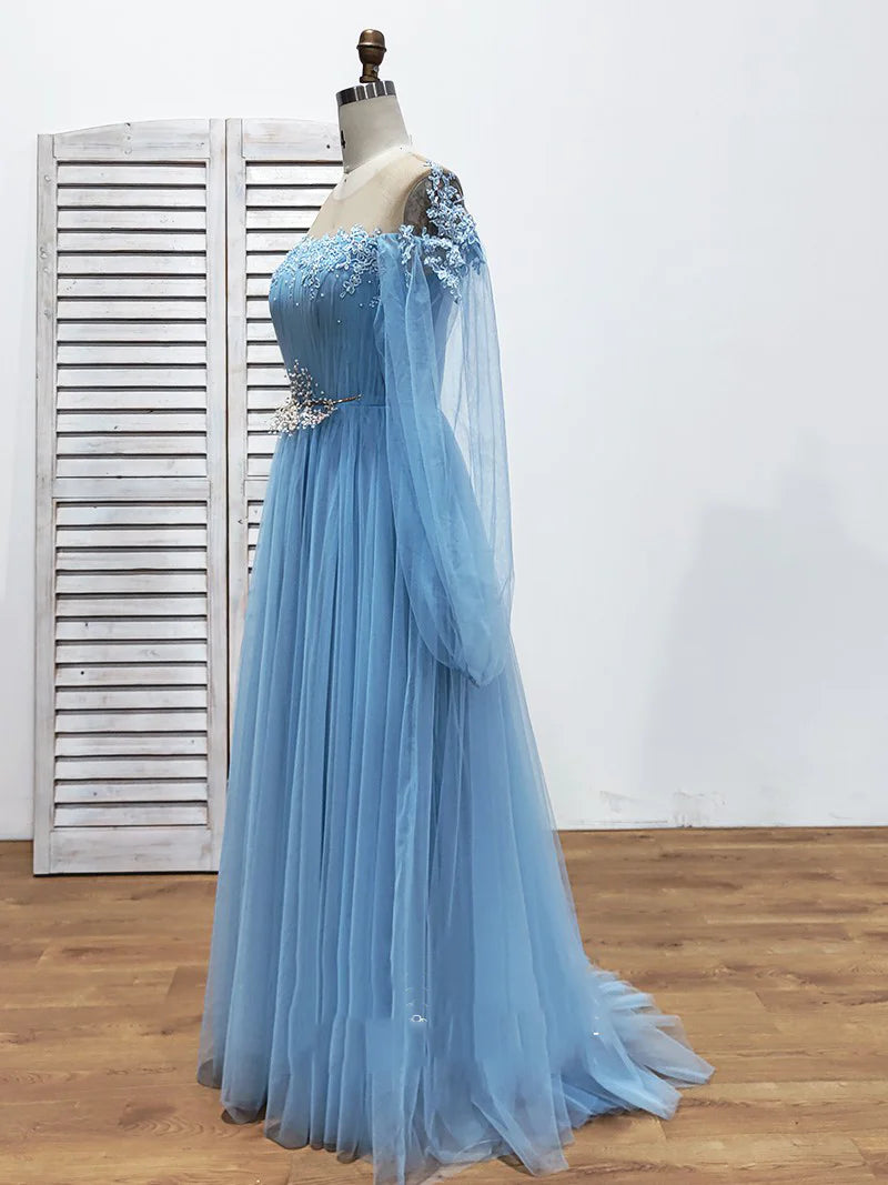 Vestidos de fiesta de tul de manga larga con abertura alta y cuentas de cristal. Vestidos de noche de moda.
