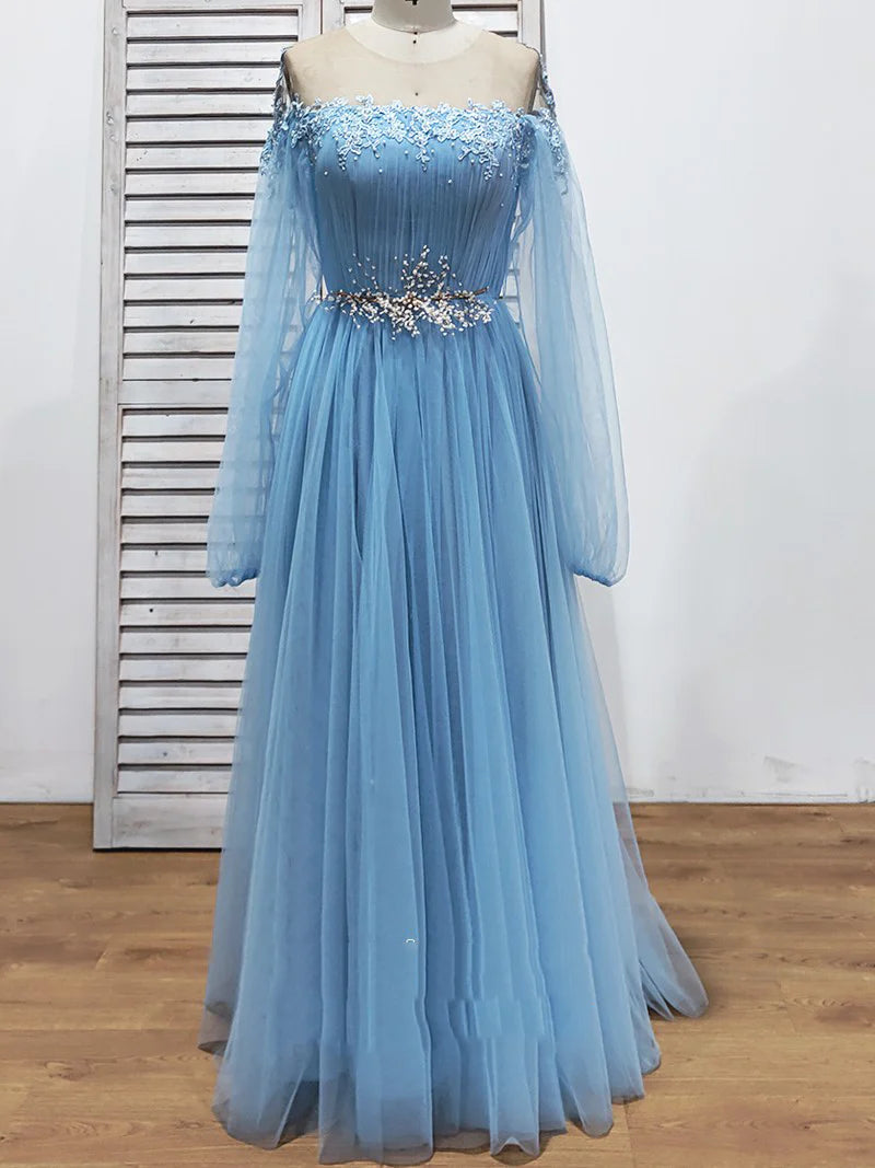 Vestidos de fiesta de tul de manga larga con abertura alta y cuentas de cristal. Vestidos de noche de moda.