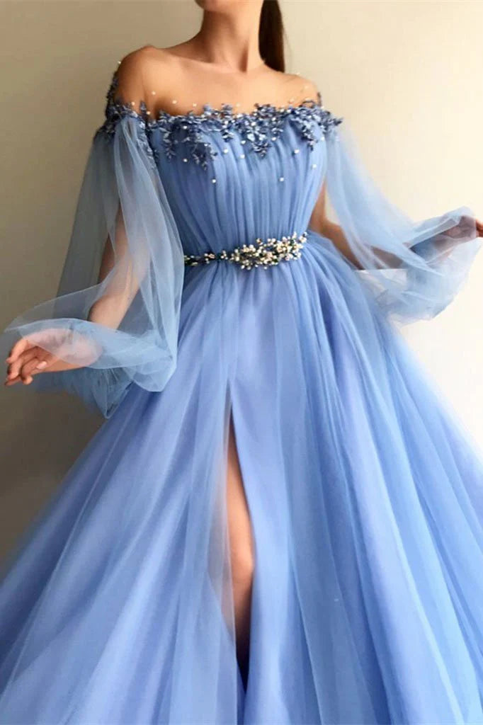 Vestidos de fiesta de tul de manga larga con abertura alta y cuentas de cristal. Vestidos de noche de moda.