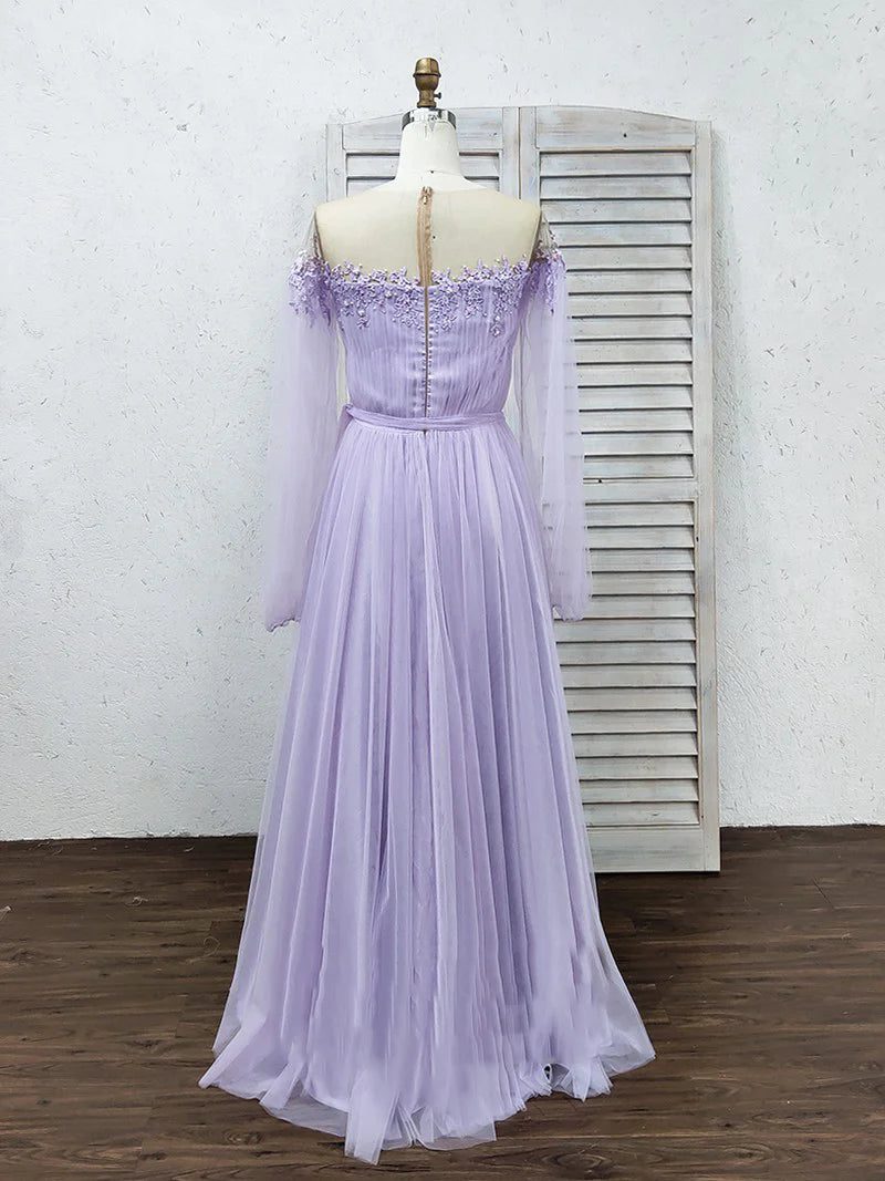Vestidos de fiesta de tul de manga larga con abertura alta y cuentas de cristal. Vestidos de noche de moda.