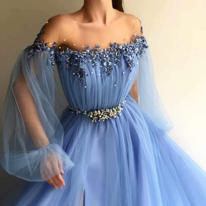 Vestidos de fiesta de tul de manga larga con abertura alta y cuentas de cristal. Vestidos de noche de moda.