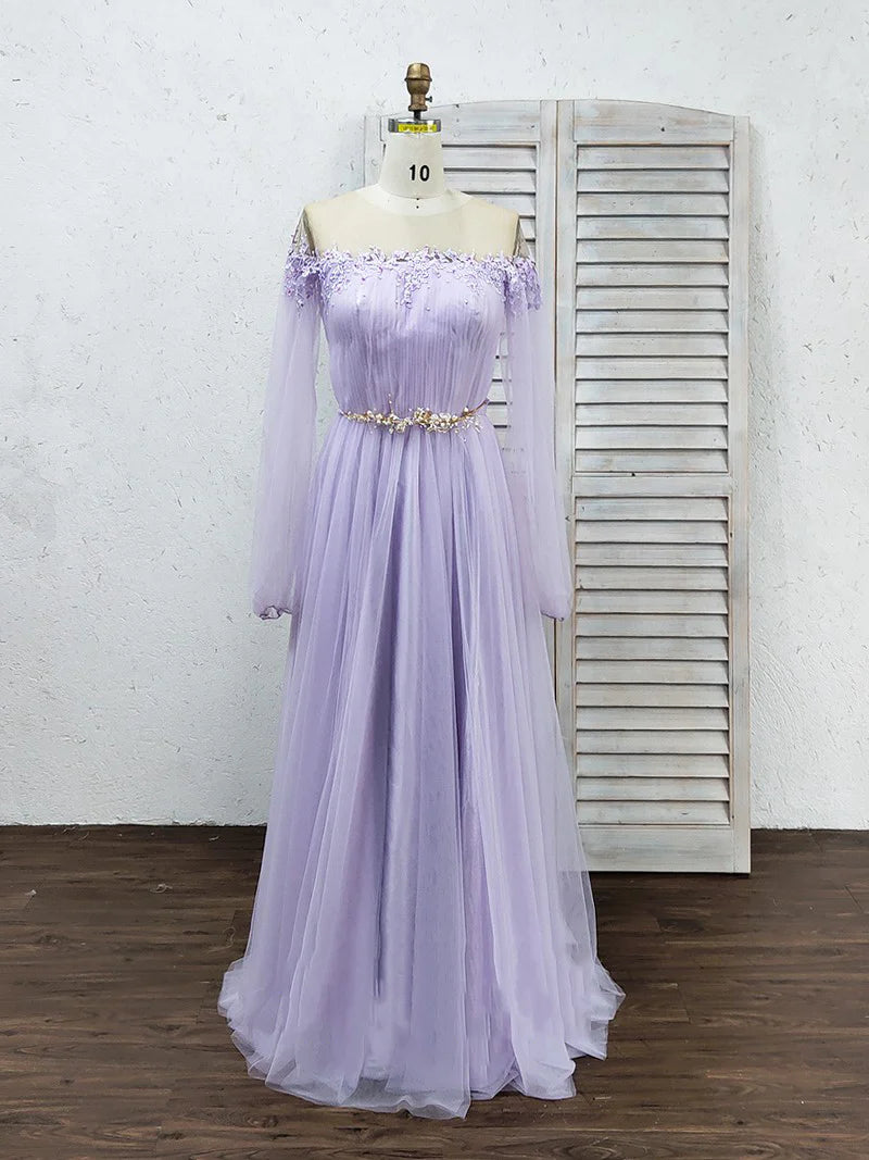 Vestidos de fiesta de tul de manga larga con abertura alta y cuentas de cristal. Vestidos de noche de moda.