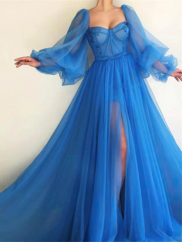 Vestidos de fiesta de tul con mangas largas, corte A, hasta el suelo y abertura