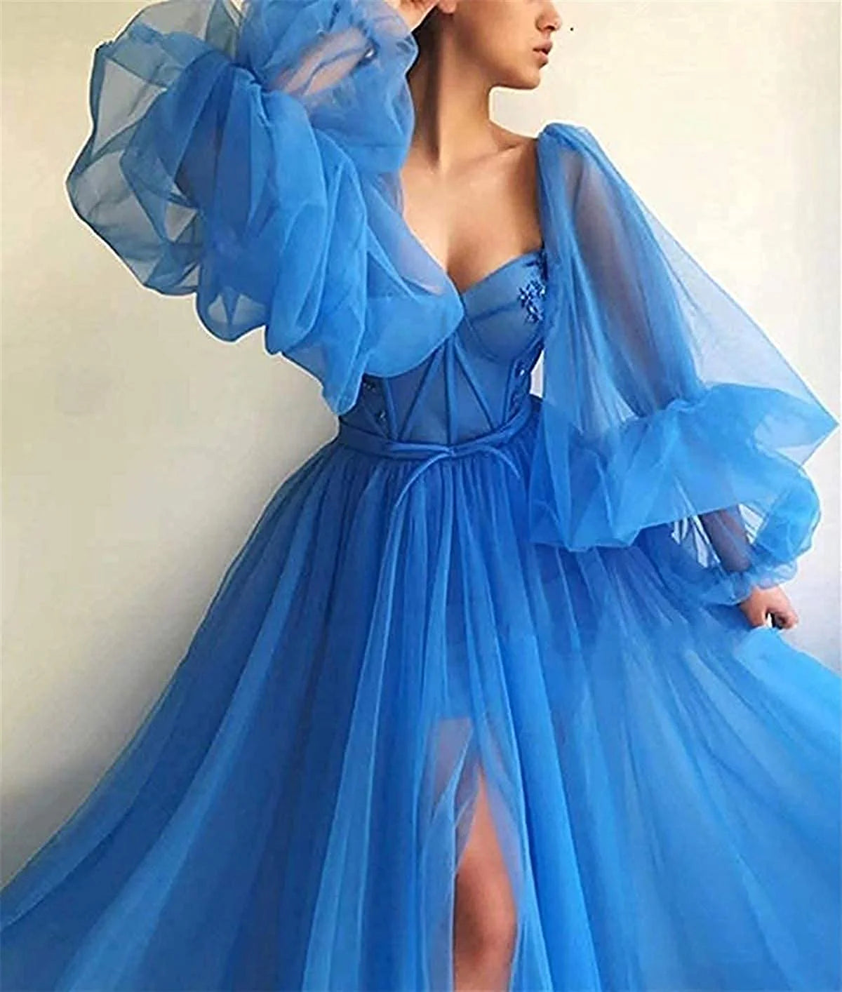 Vestidos de fiesta de tul con mangas largas, corte A, hasta el suelo y abertura