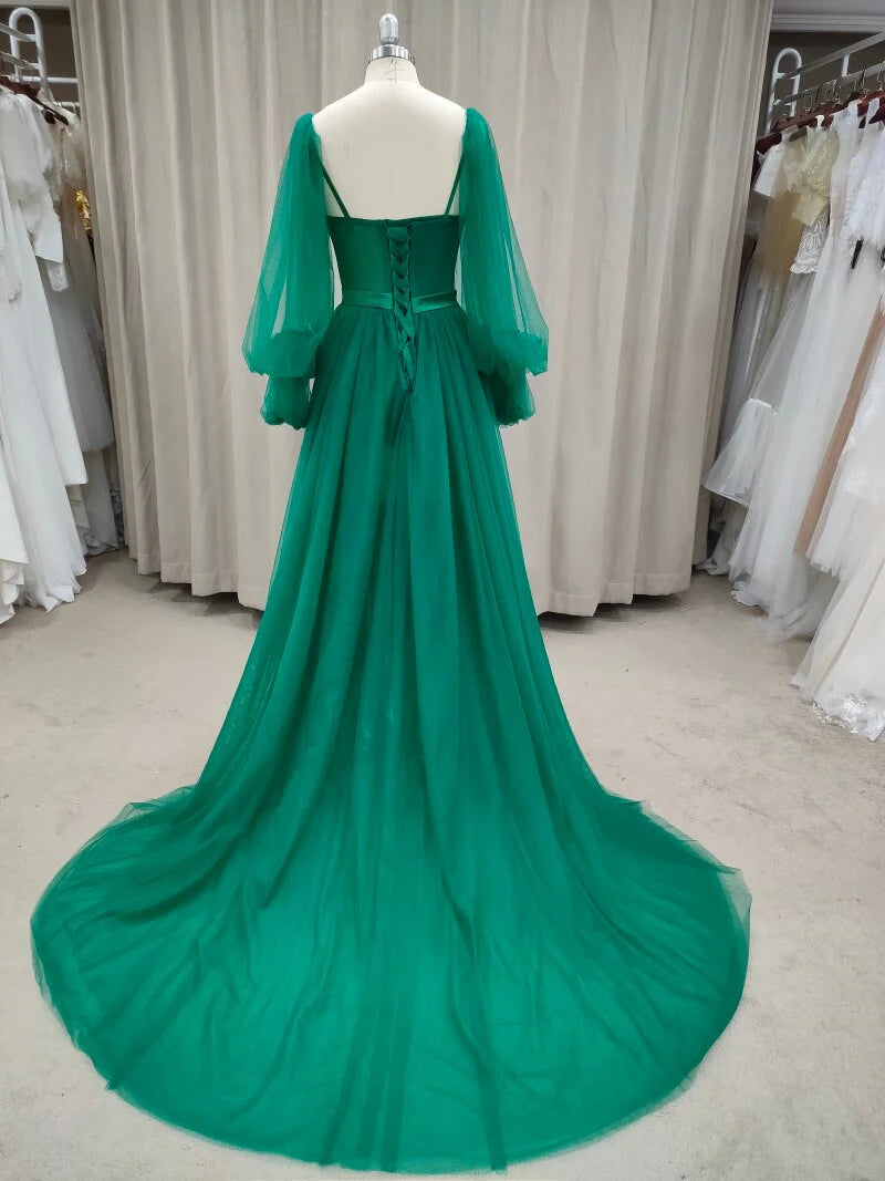 Vestidos de fiesta de tul con mangas largas, corte A, hasta el suelo y abertura