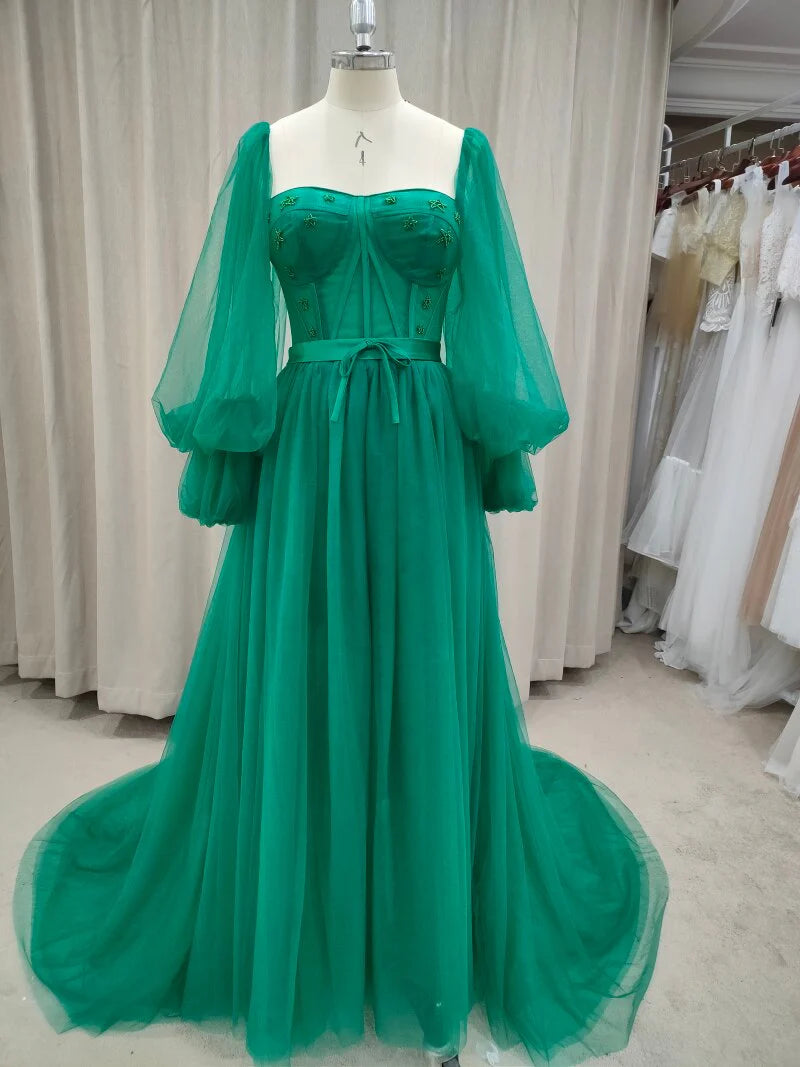 Vestidos de fiesta de tul con mangas largas, corte A, hasta el suelo y abertura