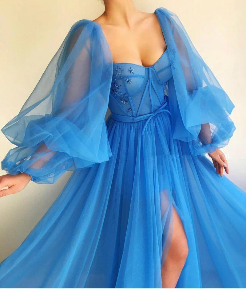 Vestidos de fiesta de tul con mangas largas, corte A, hasta el suelo y abertura