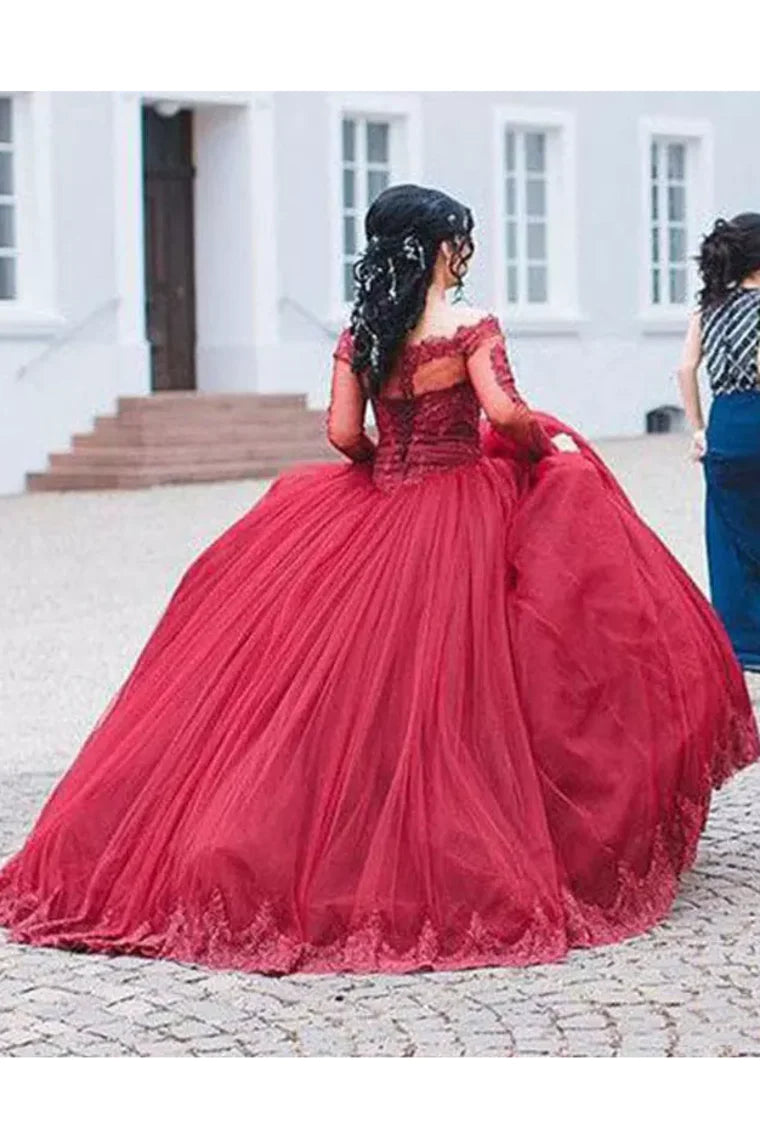 Vestidos de quinceañera de manga larga, vestido de baile, cuello barco con apliques de tul