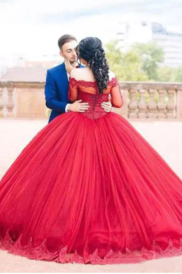 Vestidos de quinceañera de manga larga, vestido de baile, cuello barco con apliques de tul