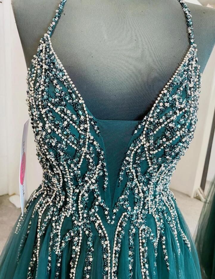 V-Neck Spaghetti Straps Beading Backless Tulle Prom Dresses With Split