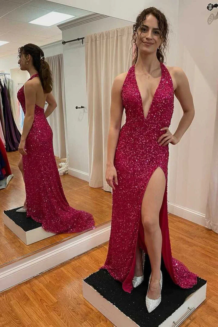 Vestidos de fiesta largos de sirena, sexys, sin espalda, con lentejuelas, escote en V y sin mangas