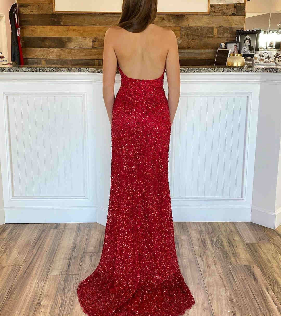 Vestidos de fiesta largos de sirena, sexys, sin espalda, con lentejuelas, escote en V y sin mangas