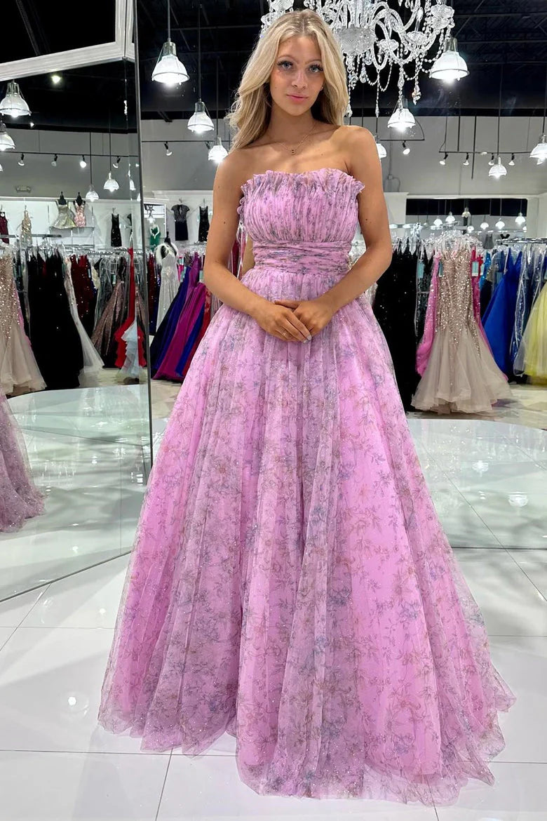 Vestidos de fiesta largos sencillos sin tirantes Vestidos de noche florales sin tirantes