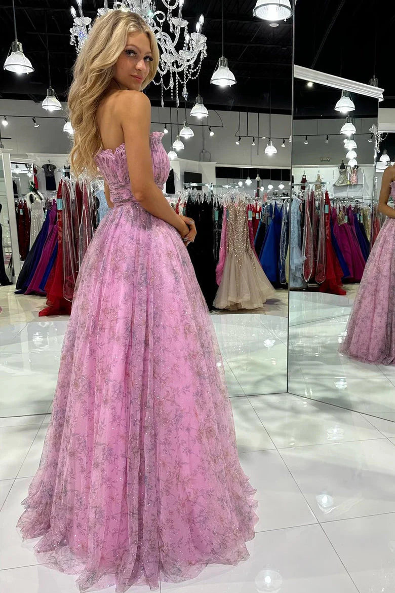 Vestidos de fiesta largos sencillos sin tirantes Vestidos de noche florales sin tirantes