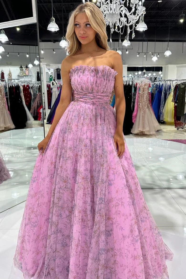Vestidos de fiesta largos sencillos sin tirantes Vestidos de noche florales sin tirantes