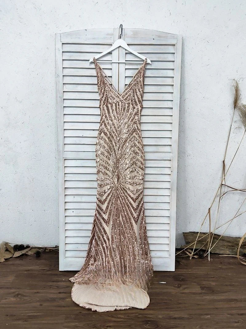 Vestidos de fiesta largos con lentejuelas doradas y escote en V profundo cruzado de sirena