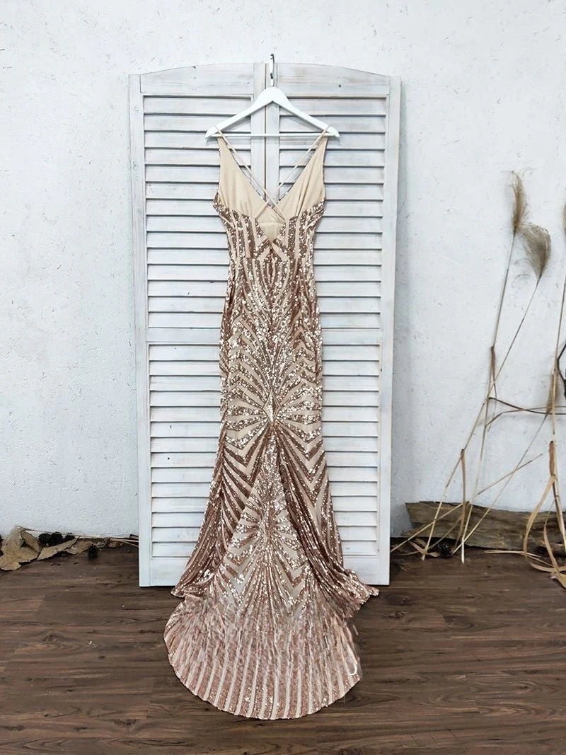 Vestidos de fiesta largos con lentejuelas doradas y escote en V profundo cruzado de sirena