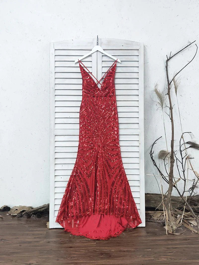 Vestidos de fiesta largos con lentejuelas doradas y escote en V profundo cruzado de sirena