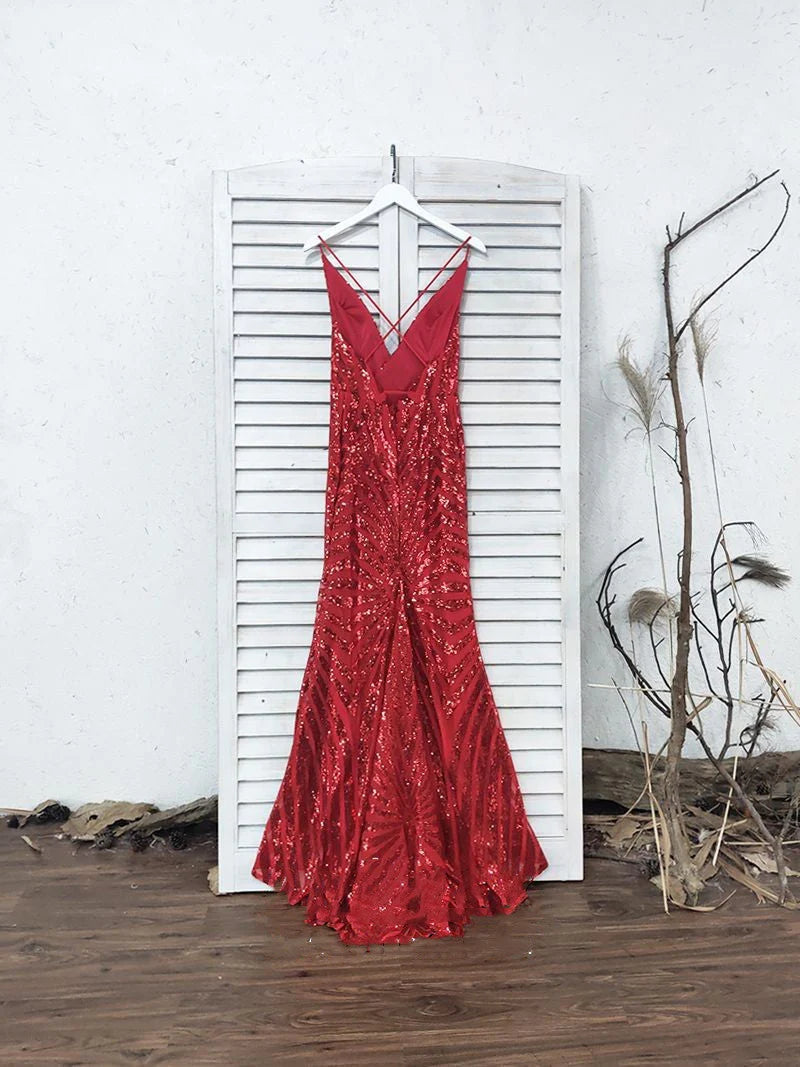 Vestidos de fiesta largos con lentejuelas doradas y escote en V profundo cruzado de sirena