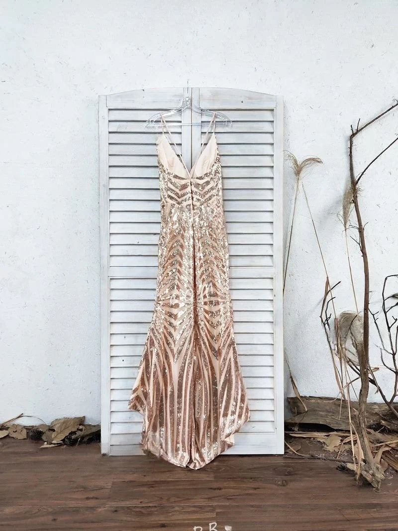Vestidos de fiesta largos con lentejuelas doradas y escote en V profundo cruzado de sirena