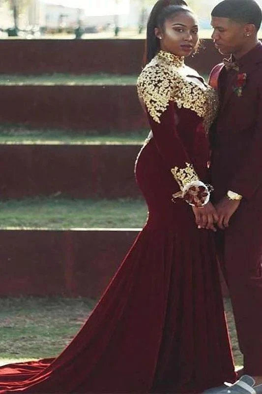 Vestidos de fiesta de talla grande de terciopelo con cuello alto, manga larga y apliques de sirena y cola de corte