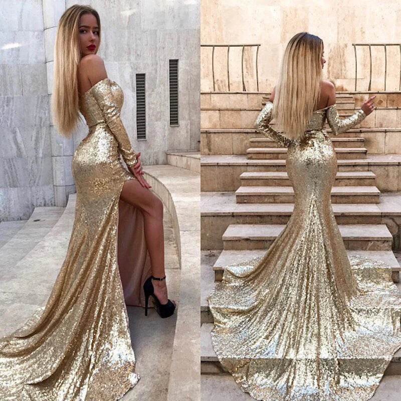 Vestido de fiesta largo de sirena con abertura y lentejuelas doradas con mangas