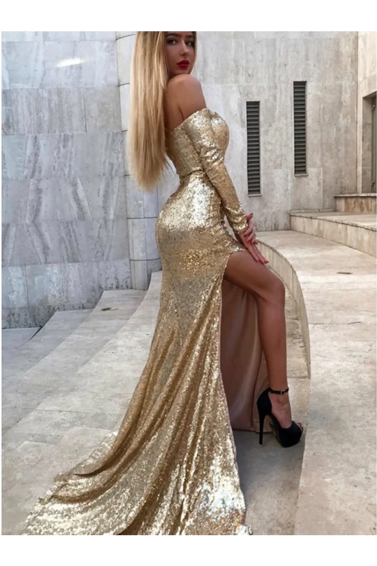 Vestido de fiesta largo de sirena con abertura y lentejuelas doradas con mangas