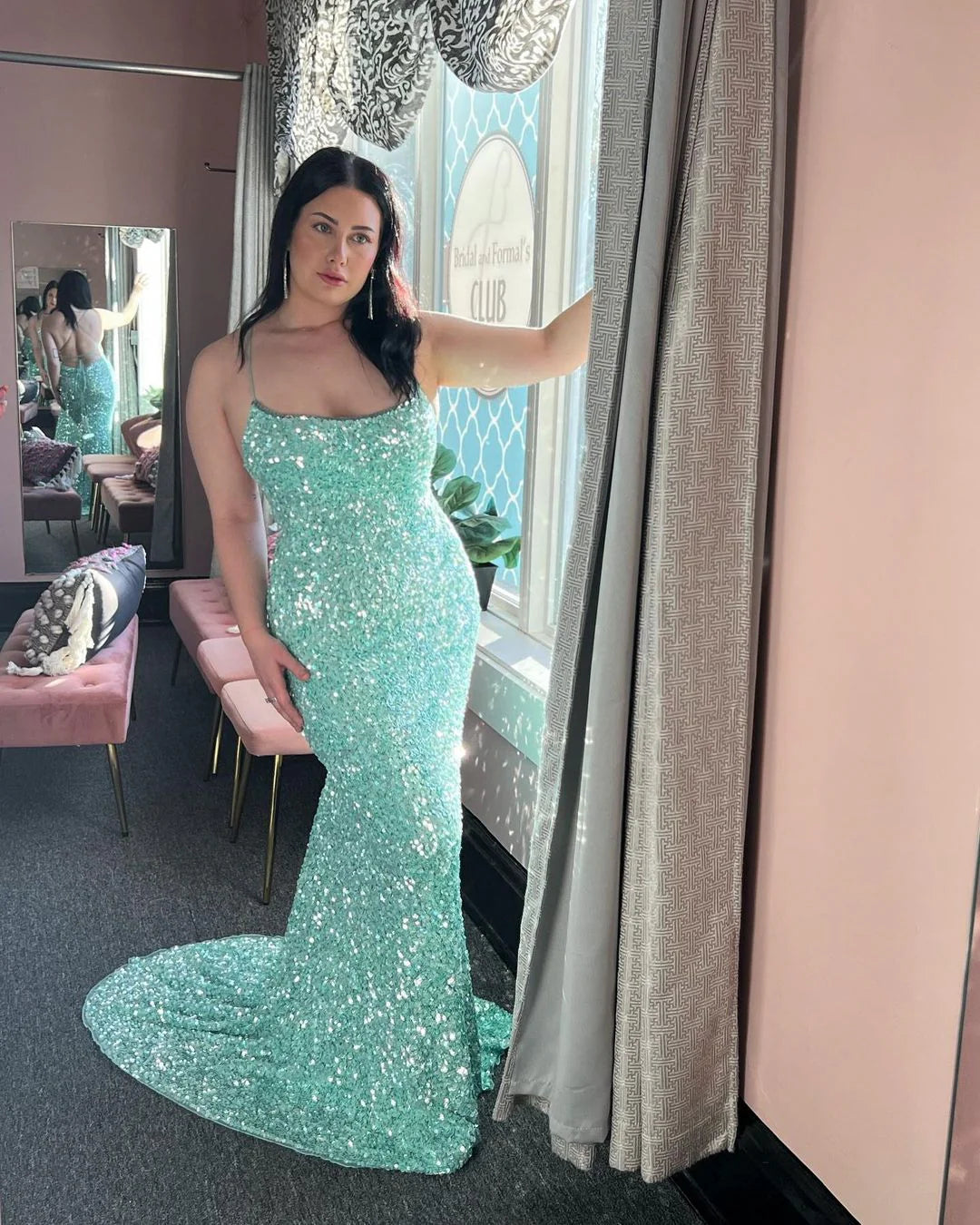 Mermaid Prom Dresses Spaghetti Straps Sequin Backless Sweep Train