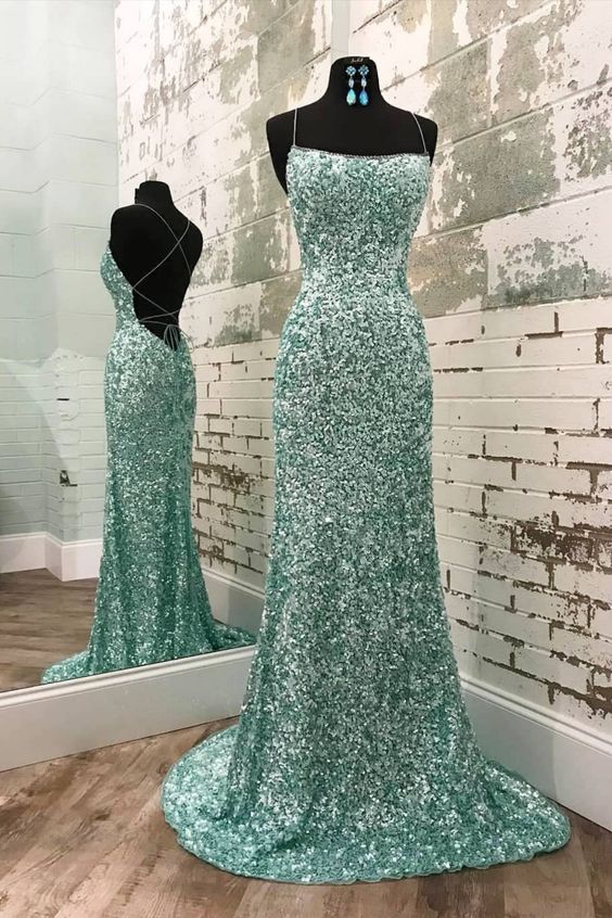 Mermaid Prom Dresses Spaghetti Straps Sequin Backless Sweep Train