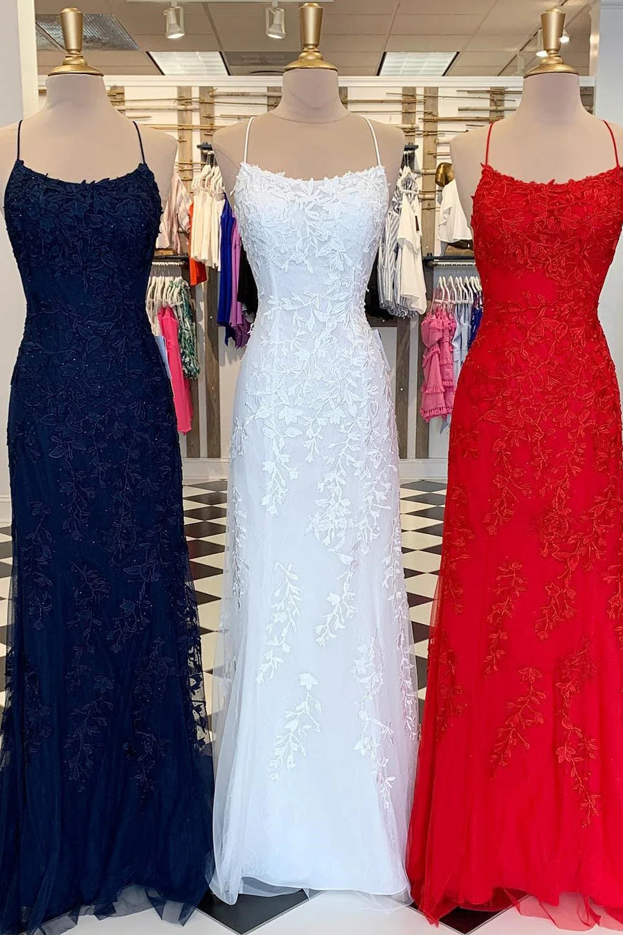 Vestidos de fiesta de sirena con tirantes finos rojos y apliques de encaje rojo, vestidos de noche largos y económicos.