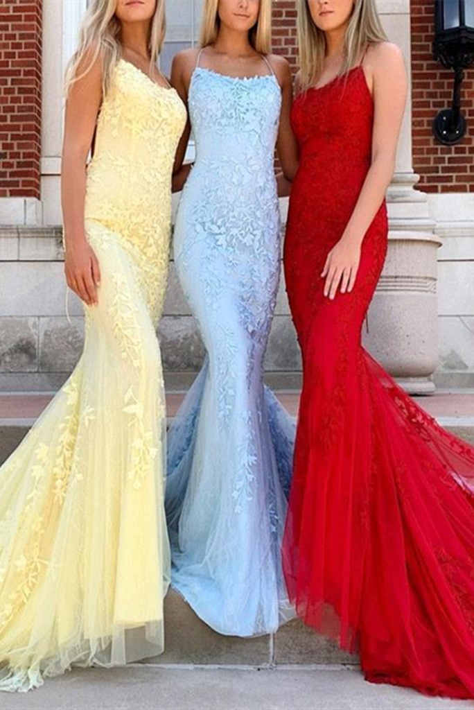 Vestidos de fiesta de sirena con tirantes finos rojos y apliques de encaje rojo, vestidos de noche largos y económicos.