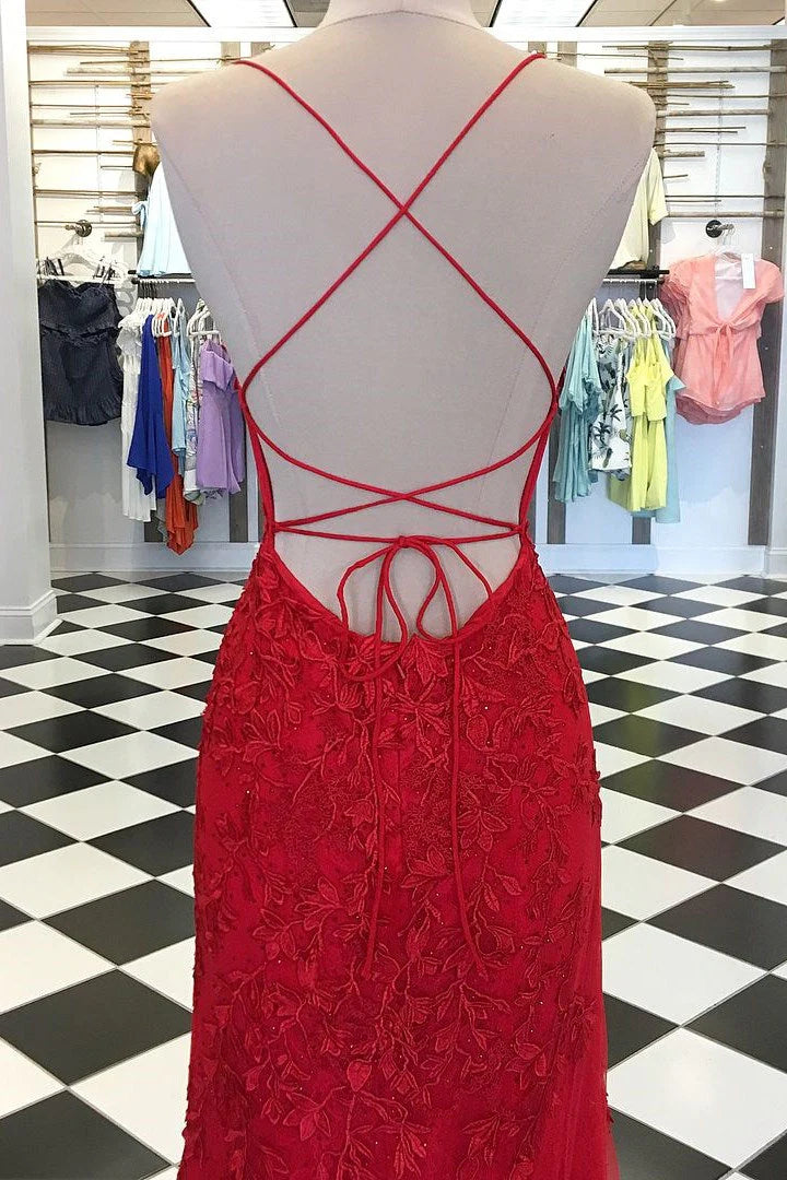 Vestidos de fiesta de sirena con tirantes finos rojos y apliques de encaje rojo, vestidos de noche largos y económicos.