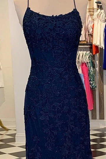 Vestidos de fiesta de sirena con tirantes finos rojos y apliques de encaje rojo, vestidos de noche largos y económicos.