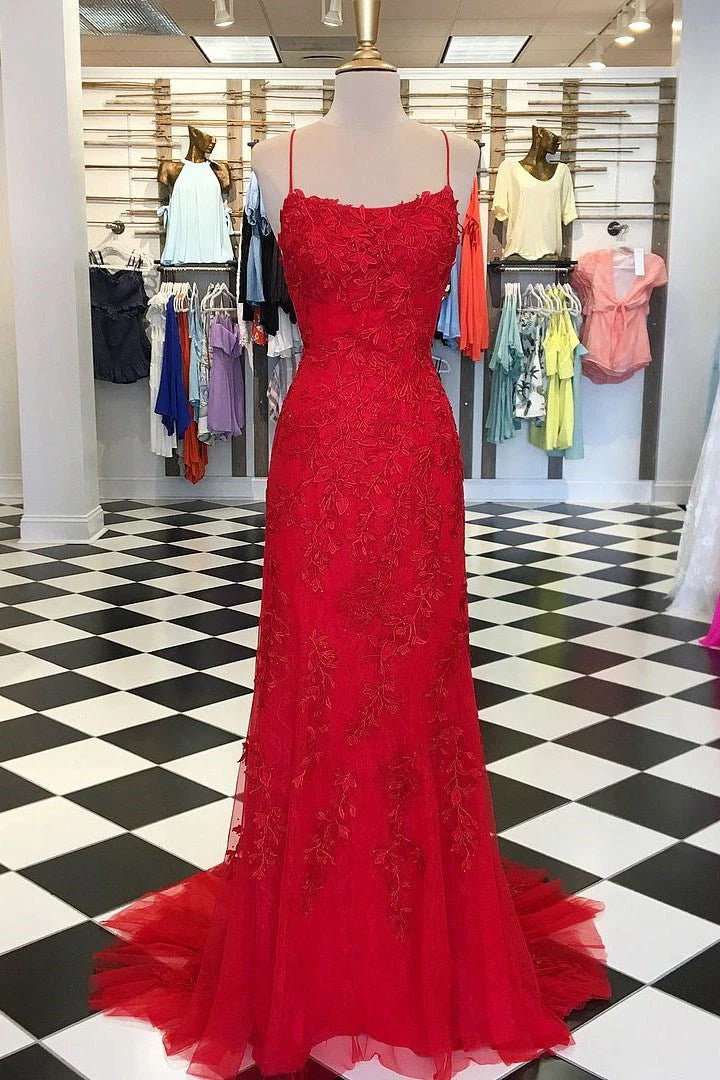 Vestidos de fiesta de sirena con tirantes finos rojos y apliques de encaje rojo, vestidos de noche largos y económicos.